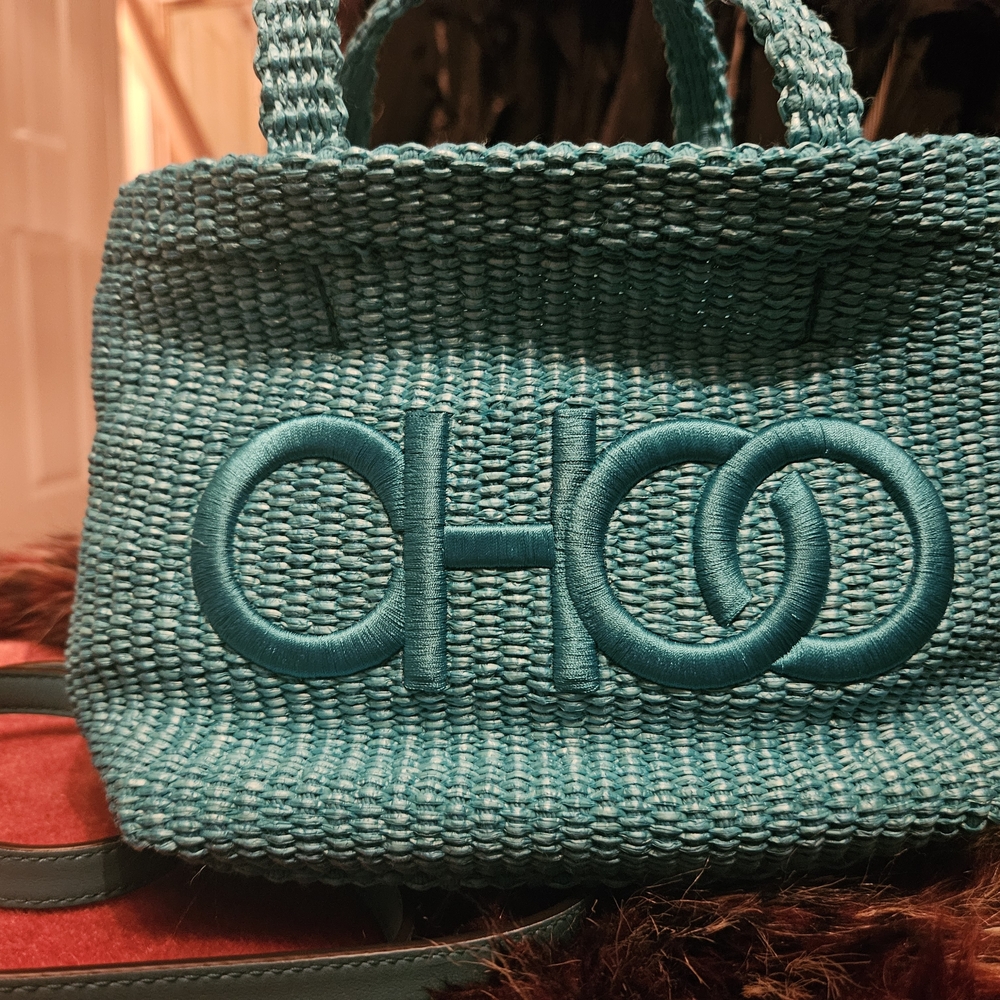 New Authentic Jimmy Choo Turquoise Woven Tote - Picture 2 of 15